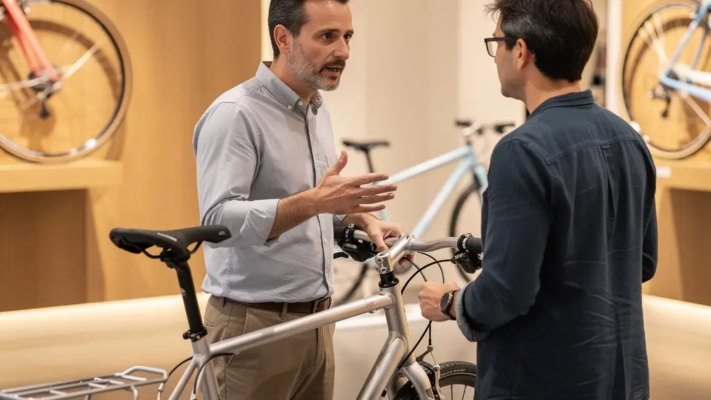 Conseiller en boutique vélo présentant les caractéristiques d'un modèle à un client