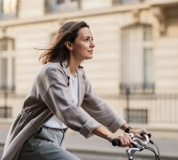 Cycliste sur vélo de ville traversant une rue parisienne près d'immeubles haussmanniens