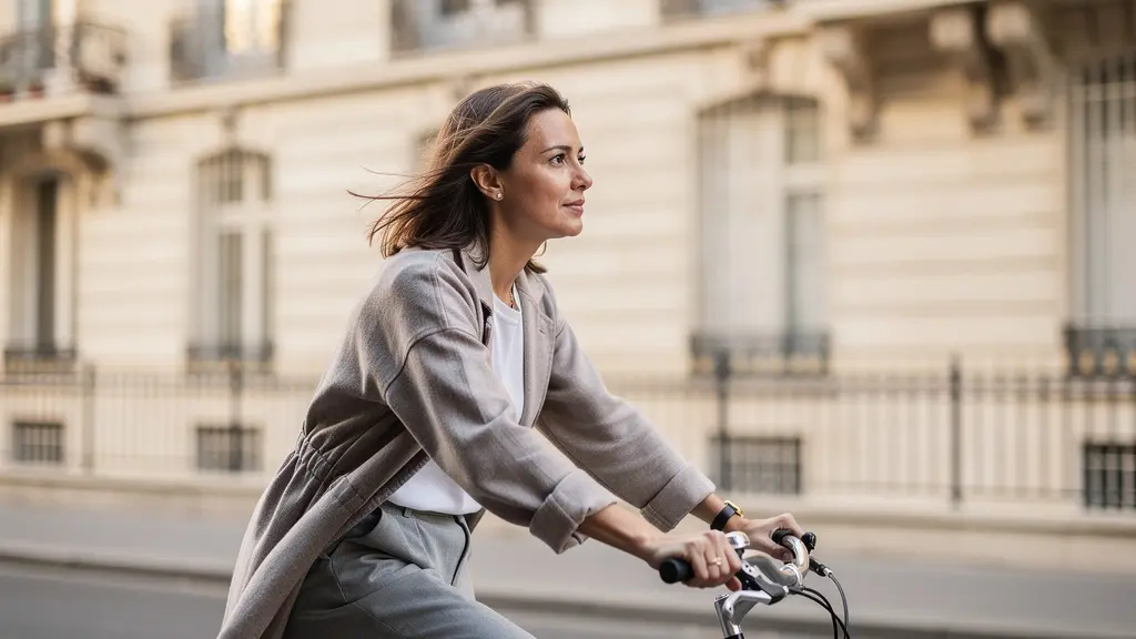 Cycliste sur vélo de ville traversant une rue parisienne près d'immeubles haussmanniens